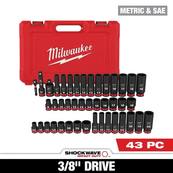 Milwaukee 43 PC Shockwave™ 3/8" Drive SAE & METRIC Deep 6 Point Set - (49-66-7009)