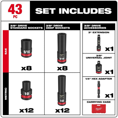 Milwaukee 43 PC Shockwave™ 3/8" Drive SAE & METRIC Deep 6 Point Set - (49-66-7009)