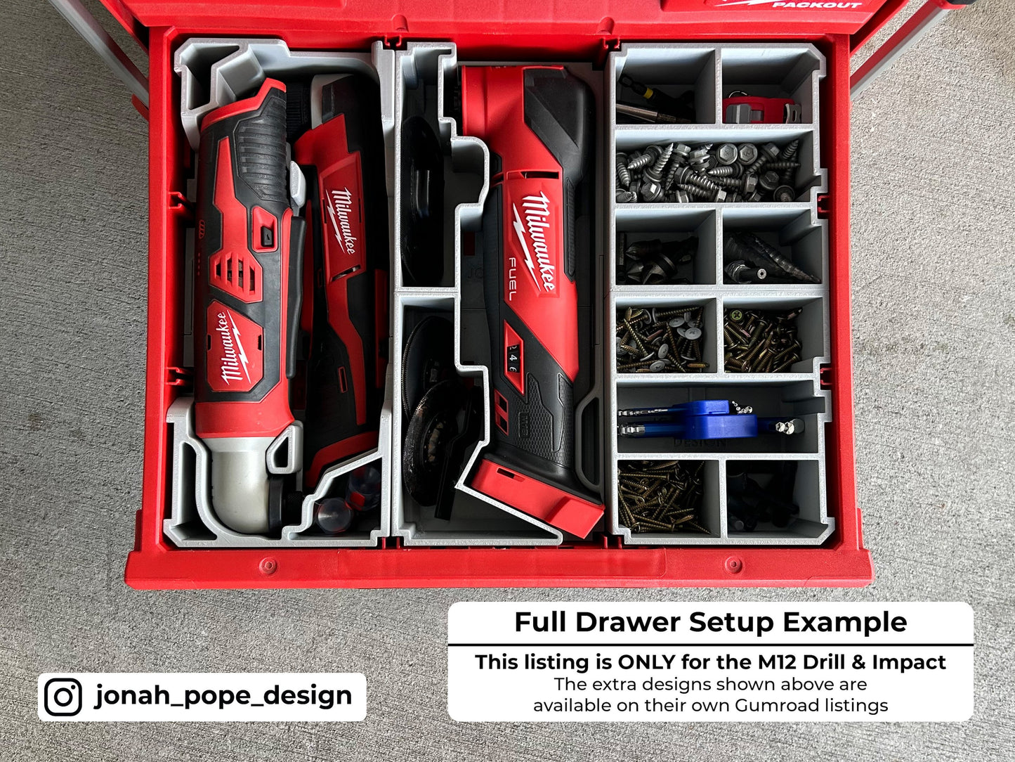 Slimline Packout Drawer Insert for M12 Right Angle Drill and Impact Driver - Jonah Pope Design (JPD-RADI)